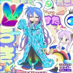  2girls :3 ahoge blue_hair blue_jacket closed_eyes eye_print eyeball fashion gradient_hair gradient_pants highres hiiragi_kagami izumi_konata jacket keeeey long_hair lucky_star mole mole_under_eye multicolored_hair multiple_girls open_mouth parental_advisory purple_hair shoes sleeves_past_fingers sleeves_past_wrists sneakers very_long_hair 