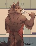  absurd_res anthro apron apron_only brown_body brown_fur canid canine clothing fur hi_res holding_object looking_back male mammal mostly_nude mudosa_3_1 rear_view solo tail yellow_eyes 
