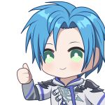  1boy aprob_(meme) blue_hair green_eyes grey_vest holostars holostars_english hood hood_down hoodie long_sleeves meme regis_altare short_hair smile thumbs_up upper_body vest virtual_youtuber white_hoodie zerorespect_bot 