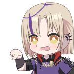  1boy blonde_hair ear_piercing hair_ornament holostars holostars_english magni_dezmond mole mole_under_mouth open_mouth piercing pointing purple_tunic upper_body vambraces virtual_youtuber yellow_eyes zerorespect_bot 