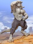  abs anthro athletic athletic_anthro athletic_male claws clothing dragon feet ferrhis green_eyes grey_body grey_scales hi_res holding_clothing holding_object male muscular muscular_anthro muscular_male piercing scales shirt solo sweatpants tank_top timdoodles toe_claws toes topwear 
