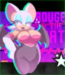  absurd_res anthro bat big_breasts breasts character_name cleavage clothed clothing female glistening green_eyes hi_res looking_away makeup mammal rouge_the_bat sega signature solo sonic_the_hedgehog_(series) star twhattup wings 