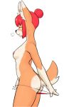  2023 absurd_res anthro areola blush bodily_fluids breasts butt canid canine canis clothing domasarts domestic_dog female hair heiko_(domasarts) hi_res looking_at_viewer mammal nipples panties red_hair simple_background solo sweat underwear yellow_eyes 