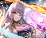  1girl bangs commentary dress fire fire_emblem fire_emblem:_three_houses fire_emblem_warriors:_three_hopes gold_trim grin leonmandala long_hair looking_at_viewer lysithea_von_ordelia magic magic_circle mixed-language_commentary official_alternate_costume parted_lips pink_eyes purple_dress smile snowflakes solo two-tone_dress white_dress white_hair 
