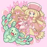  1girl bangs blonde_hair butterfly_hair_ornament caitlin_(pokemon) cape closed_mouth commentary_request dress green_eyes hair_ornament hat highres long_hair long_sleeves outline parted_bangs pink_cape pink_dress pink_footwear pink_headwear pokemon pokemon_(creature) pokemon_(game) pokemon_bw reuniclus see-through_cape shoes sidelocks sutokame very_long_hair wavy_hair 