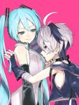  2girls aqua_nails aqua_necktie arched_back blue_eyes blue_hair choker collared_shirt detached_sleeves earpiece embarrassed fingerless_gloves flower_(vocaloid) flower_(vocaloid4) furrowed_brow gloves grabbing_another&#039;s_chin grey_hair grey_nails hand_on_another&#039;s_chin hatsune_miku highres hood hoodie kabedon long_hair medium_hair multicolored_hair multiple_girls nail_polish necktie open_mouth purple_hair red_eyes rsk_(tbhono) shirt sleeveless sweatdrop twintails two-tone_hair very_long_hair vocaloid yuri 