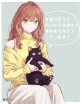  1girl animal bangs black_cat border bright_pupils brown_eyes brown_hair cat closed_mouth copyright_name earrings expressionless feet_out_of_frame fuyutsuki_(koori_zokusei_danshi) grey_background hands_up holding holding_animal holding_cat invisible_chair jewelry koori_zokusei_danshi_to_cool_na_douryou_joshi long_hair long_sleeves looking_at_viewer nyamero_(koori_zokusei_danshi) off_shoulder outside_border pet puffy_long_sleeves puffy_sleeves sitting sleeves_past_wrists solo speech_bubble tonogaya turtleneck twitter_username w_arms wavy_hair white_border white_pupils 