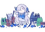  1girl :&lt; absurdres arms_up baton_(conducting) blue_dress blue_flower cat cello chibi closed_eyes commentary dress fagun_yibei flower full_body gradient_dress grand_piano grey_hair hair_flower hair_ornament hair_over_one_eye head_back highres holding holding_instrument instrument isekai_joucho kamitsubaki_studio long_hair long_sleeves orchestra pantyhose piano shrug_(clothing) simple_background sketch solo symbol-only_commentary very_long_hair violin white_background white_dress white_pantyhose wide_sleeves 