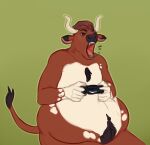  anthro belly big_belly bovid bovine brown_body brown_hair burping cattle colored_sketch controller gaming green_background hair hi_res holding_controller holding_object horn hyper hyper_belly male mammal nude open_mouth playing_videogame red_tongue roobin simple_background sitting sketch solo tail tail_tuft teeth tongue tuft vore white_body white_horn 