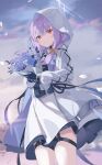  1girl atsuko_(blue_archive) belt_pouch black_gloves blue_archive bouquet bow braid gloves hair_bow halo highres holding holding_bouquet jacket looking_at_viewer medium_hair pouch purple_hair red_eyes serika skirt solo thigh_strap twin_braids white_hood white_jacket white_skirt yellow_bow 