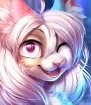  absurd_res anthro artist_name big_eyes bloominglynx blue_ears blue_inner_ear_fluff blurred_background bust_portrait eyelashes felid female fur glistening glistening_eyes hair hi_res inner_ear_fluff light_hair looking_at_viewer mammal one_eye_closed open_mouth open_smile pink_ears pink_hair pink_inner_ear_fluff pink_nose pink_sclera portrait smile solo tan_body tan_fur tuft white_body white_eyes white_fur 