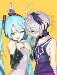  2girls ahoge aqua_necktie arm_warmers bandages blue_eyes blue_hair choker collared_shirt cropped_vest detached_sleeves earpiece flower_(vocaloid) flower_(vocaloid4) grey_nails hatsune_miku highres kabedon long_hair looking_at_another looking_away mouth_hold multicolored_hair multiple_girls nail_polish necktie necktie_in_mouth open_mouth pink_eyes purple_hair rsk_(tbhono) shirt sleeveless sweatdrop twintails two-tone_hair very_long_hair vest vocaloid white_hair yuri 