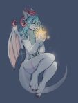  anthro big_breasts blue_hair breasts caitlyn_bellerose dragon female flora hair heyfl0ra hi_res horn solo star tail tall wings womb_tattoo 