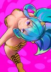  1girl absurdres animal_print bikini blue_hair breasts cleavage commentary_request from_above highres horns itou_kazuki long_hair looking_at_viewer lum medium_breasts oni oni_horns print_bikini print_footwear purple_eyes sidelocks solo swimsuit tiger_print urusei_yatsura yellow_bikini 