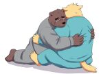  2023 anthro bear bodily_fluids bottomwear brown_body canid canine canis clothing crying domestic_dog duo embrace hi_res hug humanoid_hands kemono kick_(artist) male mammal overweight overweight_male pants sad shirt tears topwear 