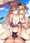  1boy 2girls alternate_costume beach black_hairband blonde_hair blue_eyes blue_sky braid breasts casual_one-piece_swimsuit cloud collarbone commission crown day french_braid girl_on_top hairband highres kantai_collection kuurunaitsu large_breasts long_hair male_swimwear mini_crown multiple_girls navel one-piece_swimsuit outdoors pov skeb_commission sky straddling swimsuit tiara union_jack_bikini victorious_(kancolle) warspite_(kancolle) white_one-piece_swimsuit 