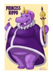  2019 anthro artist_name bottomless bottomless_female breasts chubby_female clothed clothing collar common_hippopotamus dated digital_drawing_(artwork) digital_media_(artwork) female friendship_is_magic full-length_portrait gesture hasbro hippopotamid mammal my_little_pony my_little_pony:_the_movie_(2017) neko_no_hito open_mouth open_smile overweight partial_nudity portrait purple_body purple_eyes purple_skin queen_of_the_hippos_(mlp) scepter smile solo teeth waving 