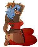  anthro blue_hair canid canine canis clothing dobermann domestic_dog ear_piercing eveleer female hair hi_res lingerie mammal piercing pinscher pinup pose solo solo_focus 