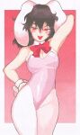  1girl :3 animal_ears arm_up armpits bangs bare_shoulders blush_stickers border bow bowtie breasts brown_hair cleavage collar commentary detached_collar dot_nose faux_traditional_media flipped_hair gradient_background hair_between_eyes hand_on_hip highleg highleg_leotard highres inaba_tewi inkerton-kun leotard long_hair looking_at_viewer medium_breasts messy_hair open_mouth outside_border pantyhose pink_background pink_leotard polka_dot polka_dot_background rabbit_ears rabbit_tail red_background red_bow red_bowtie red_eyes round_teeth skindentation smile solo strapless strapless_leotard symbol-only_commentary tail teeth touhou upper_teeth_only v-shaped_eyebrows wavy_hair white_border white_collar white_pantyhose wrist_cuffs 