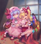  2girls :d ascot bangs black_wings blonde_hair blue_gemstone blue_hair blurry blurry_background bobby_socks bow brooch closed_mouth collar couch crystal cup dress fang fingernails flandre_scarlet flower frilled_collar frilled_skirt frills gem hair_between_eyes hat hat_bow holding holding_cup indoors jewelry light_blue_hair light_particles long_hair looking_at_viewer mary_janes mob_cap multiple_girls nail_polish on_couch petals pink_dress pink_headwear pink_wings puffy_short_sleeves puffy_sleeves red_bow red_eyes red_flower red_footwear red_nails red_rose red_skirt red_vest remilia_scarlet ribbon_trim rose shadow sharp_fingernails shoes short_hair short_sleeves siblings side_ponytail sisters sitting skirt skirt_set smile socks tea teacup touhou two-tone_wings ukata vest white_ascot white_headwear white_socks window wings wooden_floor yellow_ascot 
