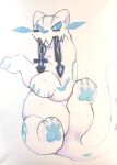  absurd_res ambiguous_gender blue_body blue_eyes blue_markings blue_nose blue_pawpads chien-pao feral fur generation_9_pokemon hi_res legendary_pokemon markings melee_weapon nintendo pawpads paws pokemon pokemon_(species) simple_background solo sword tail tinntira weapon white_body white_fur 