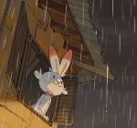  :3 black_eyes blush cindy_(pigeoncindy_) closed_mouth commentary highres no_humans outdoors pokemon pokemon_(creature) rain scorbunny smile solid_oval_eyes solo window 