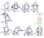  alligator alligatorid anthro biped bottomwear brok_(character) brok_the_investigator clothing concept_art crocodilian glassesgator hat headgear headwear hi_res multiple_poses official_art pants pose reptile scalie shirt sketch slightly_chubby solo text topwear weapon 