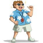 1boy :d artist_name blue_shirt brown_hair collared_shirt commentary floral_print full_body hand_on_hip hand_up highres kitsooki male_focus open_mouth pokemon pokemon_(game) pokemon_emerald pokemon_rse scott_(pokemon) shirt shoes short_hair short_sleeves shorts smile solo sparkle standing sunglasses teeth thumbs_up tongue upper_teeth_only watermark 