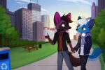 2023 4_fingers anthro aseethe blue_body blue_fur canid canine clothed clothing day detailed_background digital_media_(artwork) duo eyebrows eyelashes female fingers fox fur green_eyes hi_res male mammal outside red_eyes sky smile 