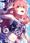  1girl absurdres bangs commentary_request confetti frills heart highres long_hair midriff momoi_airi navel neck_ribbon open_mouth pink_eyes pink_hair project_sekai ribbon sleeveless solo teeth upper_teeth_only wristband yuzuha_wasa 