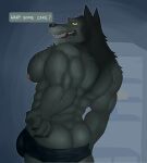  2023 abs absurd_res anthro areola back_muscles biceps big_pecs biped blizzard_entertainment bulge butt canid clothed clothing dialogue digital_media_(artwork) english_text fleshformomo fur grey_body grey_fur hi_res looking_at_viewer male mammal muscular muscular_anthro muscular_male nipples open_mouth open_smile orange_sclera pecs pinup pose smile solo standing talking_to_viewer teeth text underwear underwear_only warcraft were werecanid worgen 