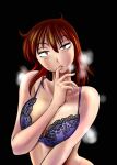  bangs black_background brown_hair heavy_breathing highres licking licking_finger lingerie rakujitsu_no_pathos tsuyatsuya underwear yellow_eyes yuuki_makoto_(rakujitsu_no_pathos) 