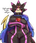  anthro bandai_namco belt black_body black_sclera blue_cape breasts crossgender digimon digimon_(species) digimon_ghost_game english_text featureless_breasts female gikowinko gulusgammamon horn mtf_crossgender purple_body scalie simple_background solo stinger_tail text yellow_horn 