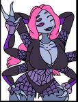  6_arms 6_eyes animal_humanoid anthro arachnid arachnid_humanoid arthropod arthropod_humanoid arthropod_webbing big_breasts bottomwear braided_pigtails breasts cleavage clothed clothing cubedmans fangs female frilly frilly_clothing hair hand_on_hip hands_behind_head humanoid looking_at_viewer multi_arm multi_eye multi_limb one_eye_closed open_mouth pigtails pink_hair purple_eyes simple_background skirt smile solo spider taffeta_silkin teeth white_background wink winking_at_viewer 
