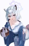  1girl :d animal_ear_fluff animal_ears bangs blue_archive breasts choko_(cup) cleavage collarbone commentary_request cup grey_background grey_hair hair_between_eyes halo highres holding holding_cup japanese_clothes kimono long_sleeves looking_at_viewer medium_breasts off_shoulder omul print_kimono purple_eyes shigure_(blue_archive) simple_background smile solo tail tokkuri wide_sleeves yagasuri 