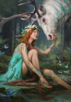  1girl animal aqua_dress barefoot blue_butterfly bug butterfly dress elk flower forest gwent_(game) hair_flower hair_ornament highres horns long_hair nature non-web_source orange_hair sitting teeth the_witcher_(series) tree very_long_hair water 