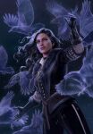  1girl bird black_gloves black_hair black_pants crow gloves gwent_(game) highres long_hair magic mole mole_under_mouth non-web_source pants purple_eyes the_witcher_(series) the_witcher_3 yennefer_of_vengerberg 