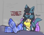  anthro blue_body blue_fur bodily_fluids breasts canid canine clothed clothing digital_media_(artwork) english_text feet female foot_fetish foot_focus footwear fur generation_4_pokemon hair hi_res lucario mammal musk nintendo notsafeforvee pokemon pokemon_(species) red_eyes simple_background socks soles solo sweat sweaty_feet sweaty_socks text toes topwear 