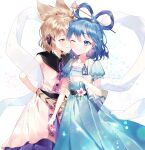  2girls absurdres aqua_dress bangs black_sailor_collar blonde_hair blue_eyes blue_hair blue_skirt brown_eyes chisel dress flower gold_bracelet hair_rings headphones highres j_(ppxx3543) kaku_seiga multiple_girls one_eye_closed open_clothes open_vest pink_skirt pointy_hair ribbon sailor_collar short_hair short_sleeves skirt touhou toyosatomimi_no_miko vest yuri 