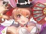 1girl ;d bangs black_headwear bow breasts cleavage commentary drill_hair earrings hat hat_bow holding holding_money jewelry large_breasts looking_at_viewer money namiki_(remiter00) one_eye_closed open_mouth orange_eyes orange_hair red_nails ring sharp_teeth simple_background smile solo symbol-only_commentary teeth touhou twin_drills upper_body white_background white_bow yorigami_jo&#039;on 