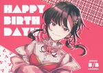  ! !! 1girl alternate_costume asahina_hiyori black_eyes black_hair blouse character_name cherry_background cherry_blossoms closed_mouth commentary crown_hair_ornament dated dutch_angle english_text flower fruit_background gold_trim hair_flower hair_ornament hair_ribbon happy_birthday heart highres kagerou_project long_sleeves looking_at_viewer low_twintails mokemoke_chan pink_background pink_eyes pink_flower pink_ribbon pink_shirt pink_theme plaid plaid_background red_sash ribbon sash shirt solo twintails 