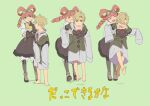  1boy 1girl ace_attorney aged_down aqua_eyes barefoot blonde_hair boots bow bow-shaped_hair closed_eyes closed_mouth dress drill_hair finger_to_mouth full_body goggles goggles_on_head hair_rings herlock_sholmes iris_wilson lifting_person long_hair long_sleeves officinale_t open_mouth oversized_clothes oversized_shirt pink_hair shirt short_hair simple_background sleeves_past_fingers sleeves_past_wrists smile strapless strapless_dress the_great_ace_attorney twintails vest white_shirt yellow_bow 