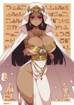  1girl black_hair breasts cleavage cowboy_shot dark-skinned_female dark_skin dress egyptian english_commentary forehead_jewel groin hair_tubes hieroglyphics highres huge_breasts ishizu_ishtar jewelry long_hair looking_at_viewer millennium_necklace necklace purple_eyes side_slit solo strapless strapless_dress thighs virus-g white_dress yu-gi-oh! yu-gi-oh!_duel_monsters 