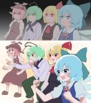  4girls absurdres animal_ears antennae ascot bird_ears black_skirt black_vest blonde_hair blue_dress blue_eyes blue_hair blush bow brown_dress brown_footwear brown_headwear cirno closed_mouth collared_shirt dress empty_eyes fairy gaijin_4koma_(meme) green_bow green_eyes green_hair green_pants hair_between_eyes hair_bow hair_ribbon hat highres ice ice_wings long_sleeves meme mikan_(manmarumikan) multiple_girls mystia_lorelei open_mouth pants parody pink_hair puffy_short_sleeves puffy_sleeves red_ascot red_eyes red_ribbon ribbon rumia shirt shoes short_hair short_sleeves skirt smile socks team_9 touhou vest white_shirt white_socks winged_hat wings wriggle_nightbug 