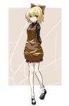  1girl absurdres arms_behind_back bangs black_footwear blonde_hair border bow brown_bow brown_dress brown_eyes closed_mouth dress full_body hair_bow highres kurodani_yamame long_sleeves looking_at_viewer one-hour_drawing_challenge short_hair smile socks solo spider_web_background standing touhou ve1024 white_border white_socks 
