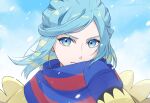  1boy blue_eyes blue_mittens blue_scarf closed_mouth commentary_request day eyelashes green_hair grusha_(pokemon) hand_up highres long_sleeves male_focus medium_hair outdoors pokemon pokemon_(game) pokemon_sv scarf signature snowing solo upper_body wanoka_04 