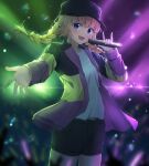  1girl :d absurdres bangs baseball_cap black_headwear black_shorts blonde_hair blue_eyes blunt_bangs blush braid breasts dfd glowstick hat highres holding hood hoodie jacket light_blush long_hair long_sleeves looking_at_viewer medium_breasts microphone multicolored_clothes multicolored_jacket open_clothes open_hoodie open_jacket open_mouth outstretched_arm paripi_koumei shirt shorts smile solo tsukimi_eiko twin_braids white_shirt 