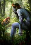  1boy 1girl blue_skin colored_skin european_clothes forest grass green_hair gwent_(game) head_wreath highres long_hair naiad nature non-web_source pointy_ears squatting the_witcher_(series) tree 