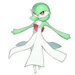 :d colored_skin commentary_request doko_ni_demo_iru_bakana_shojo full_body gardevoir green_hair happy highres open_mouth outstretched_arms pink_eyes pokemon pokemon_(creature) simple_background smile solo white_background white_skin 