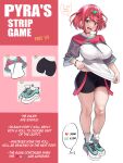  1girl achromaru alternate_costume bangs bike_shorts blush breasts casual english_text large_breasts like_and_retweet looking_at_viewer meme open_mouth oversized_clothes oversized_shirt pyra_(xenoblade) red_eyes red_hair shirt short_hair short_sleeves shorts simple_background smile solo strip_game swept_bangs thighs twitter_strip_game_(meme) white_background xenoblade_chronicles_(series) xenoblade_chronicles_2 